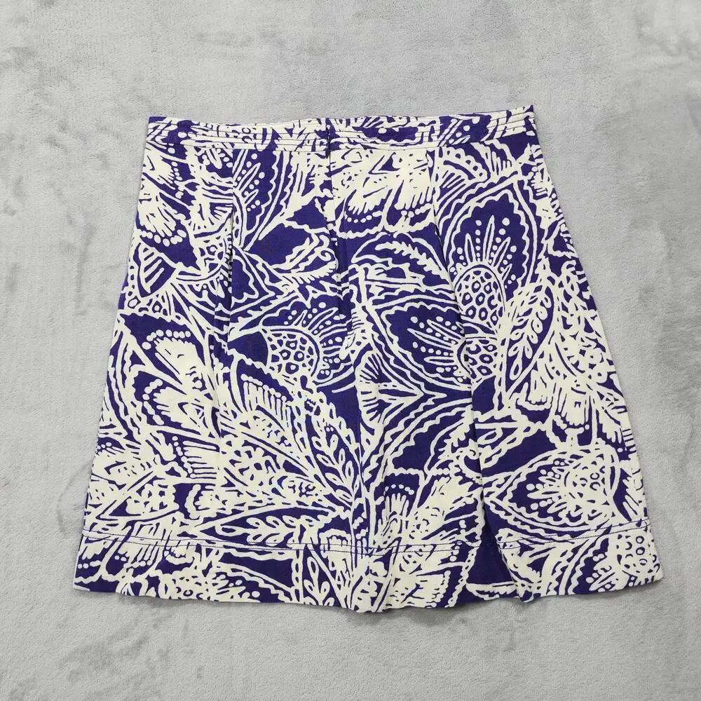 LOFT Skirt Womens 8 Blue Floral Pleated A-Line Linen Blend Zip Casual Preppy